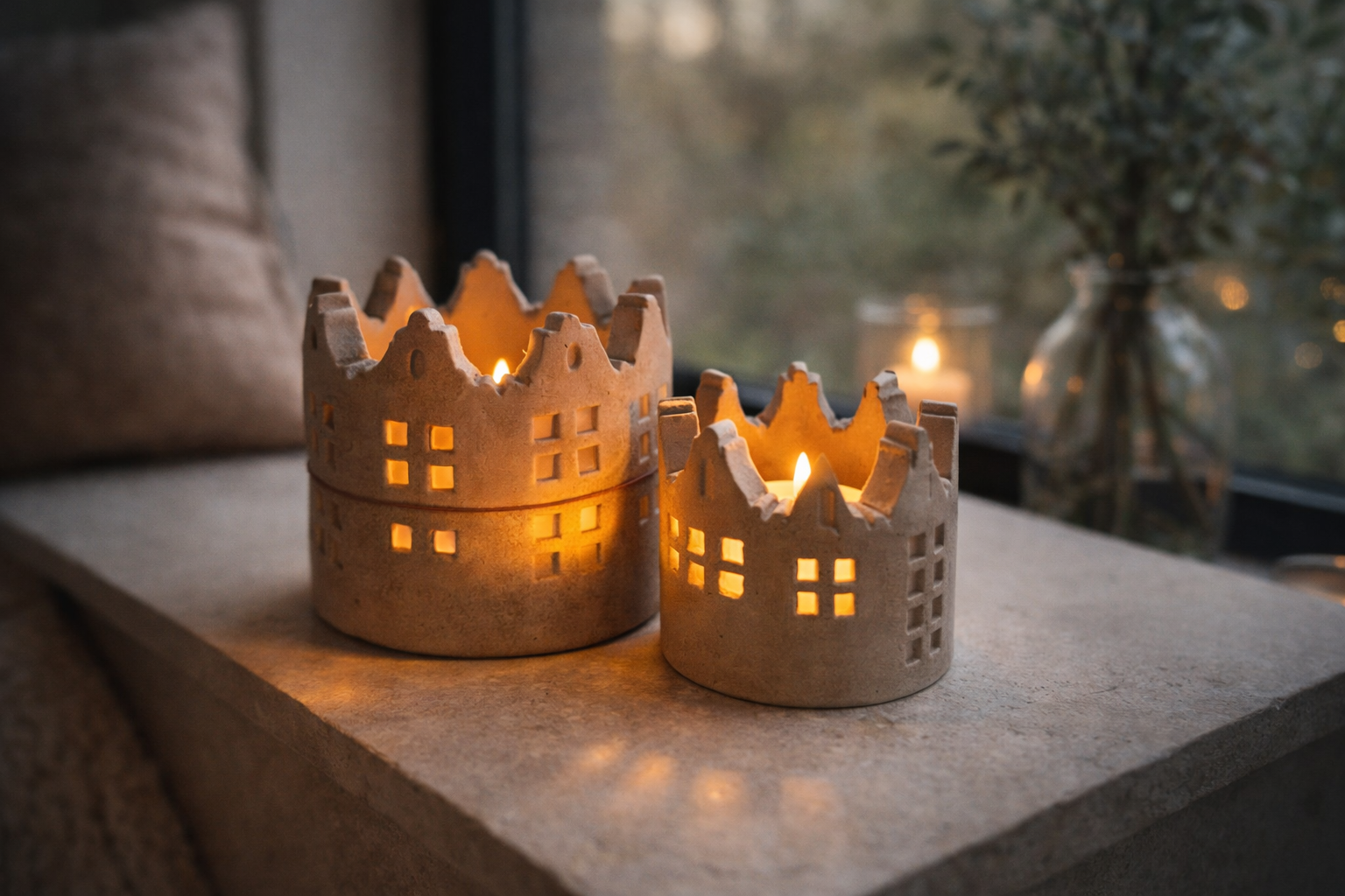 BRYNXZ Teelicht Haus Set beige Keramik 11x10 cm & 7x6 cm