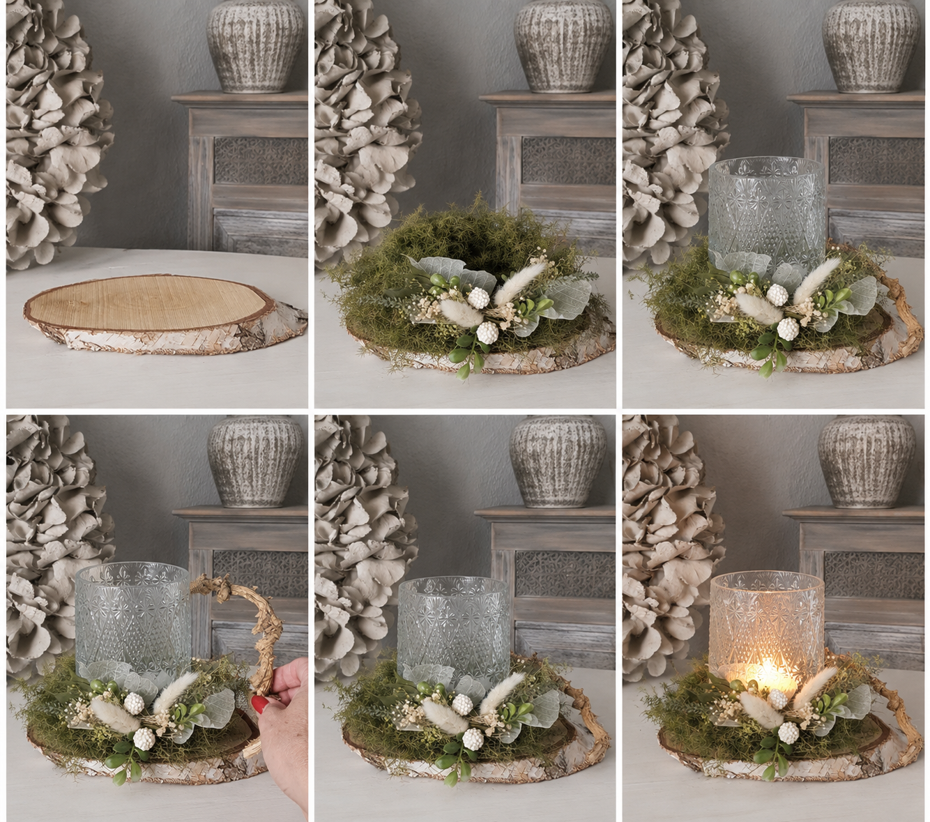 „Asparagus-Kranz mit Windlicht“ auf Birkenholz mit Trockenblumen & Naturdeko